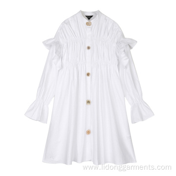 Women Casual Fashion White Button Dress Long Sleeve